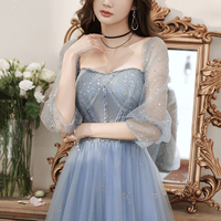 Blue tulle beads long prom dress blue evening dress - Thumbnail 1