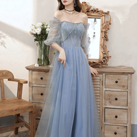 Blue tulle beads long prom dress blue evening dress - Thumbnail 3