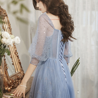 Blue tulle beads long prom dress blue evening dress - Thumbnail 4