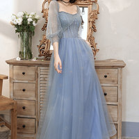 Blue tulle beads long prom dress blue evening dress - Thumbnail 5