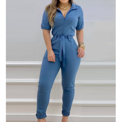 Casual women's blue short sleeve jumpsuit