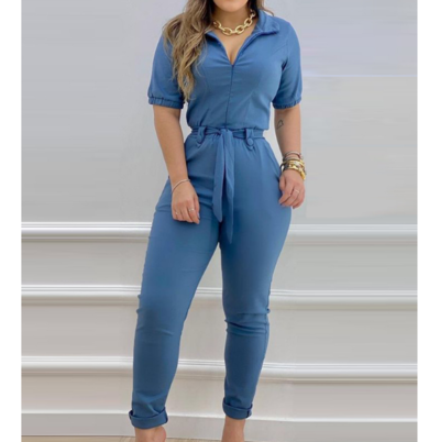 Casual Women's Blue Short Sleeve Jumpsuit