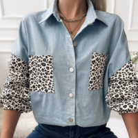 Solid Color Women's Long Sleeve Splicing Denim Shirt - Thumbnail 2