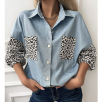 Solid Color Women's Long Sleeve Splicing Denim Shirt - Thumbnail 1
