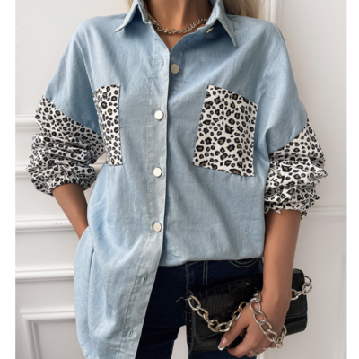 Solid color women's long sleeve splicing denim shirt