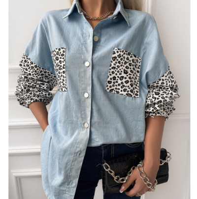Solid Color Women's Long Sleeve Splicing Denim Shirt