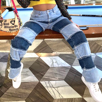 Free Shipping-CONTRAST PANEL FRAYED HEM JEANS - Thumbnail 1