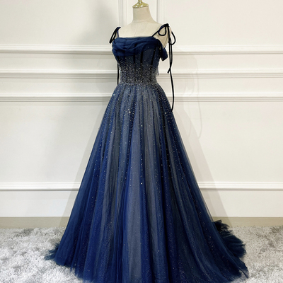Blue tulle beads long prom dress blue evening drss - Thumbnail 3