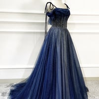 Blue tulle beads long prom dress blue evening drss - Thumbnail 1