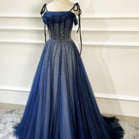 Blue tulle beads long prom dress blue evening drss - Thumbnail 5