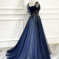 Blue tulle beads long prom dress blue evening drss - Thumbnail 4