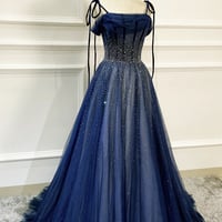 Blue tulle beads long prom dress blue evening drss - Thumbnail 3