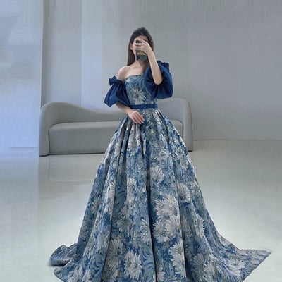 Blue floral long prom dress blue evening gown