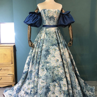 Blue floral long prom dress blue evening gown - Thumbnail 4