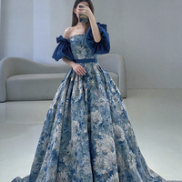 Blue floral long prom dress blue evening gown - Thumbnail 6