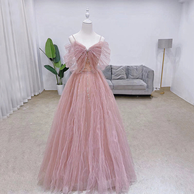 Pink tulle beads long prom dress pink evening dress - Thumbnail 3