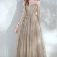 Champagne tulle long prom dress A line evening dress - Thumbnail 1
