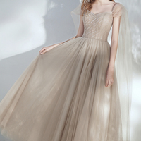 Champagne tulle long prom dress A line evening dress - Thumbnail 4