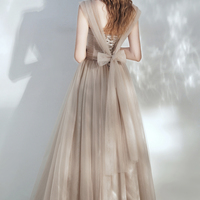 Champagne tulle long prom dress A line evening dress - Thumbnail 5