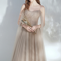 Champagne tulle long prom dress A line evening dress - Thumbnail 6