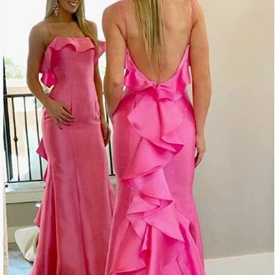 Sp2085,pink spaghetti straps satin mermaid prom dress with ruffles,mermaid formal gown - Thumbnail 1