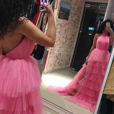 Sp2089,high neck pink tulle prom dresses,open back tiered layers long evening dress