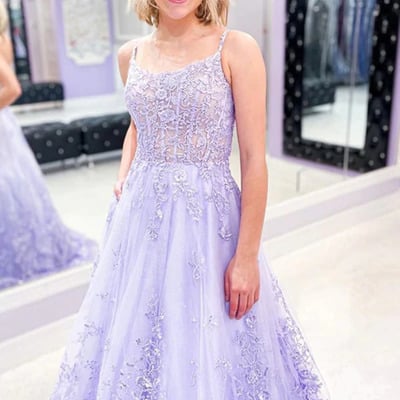 Sp2093,charming a-line lace appliques spaghetti straps lilac prom dresses