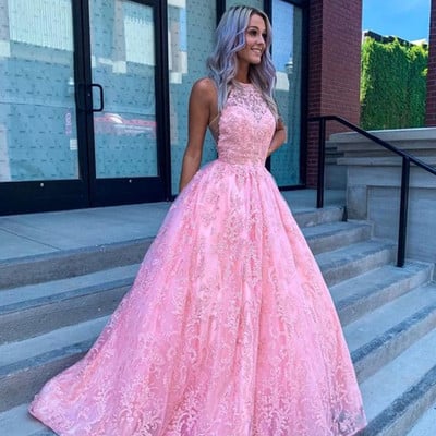 Sp2095,halter pink lace prom dresses,evening dress long formal gown