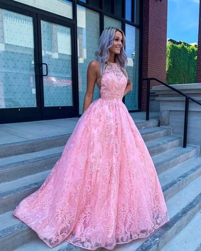 SP2095,Halter pink lace prom dresses,evening dress long formal gown