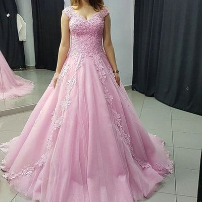 Sp2096,charming prom dress,sexy evening party dress,a line appliques lace pink ball gown prom dress,tulle evening dress