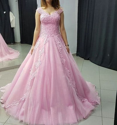 SP2096,Charming Prom Dress,Sexy Evening Party Dress,A Line Appliques Lace Pink Ball Gown Prom Dress,Tulle Evening Dress