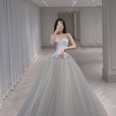 Gray tulle long a line ball gown dress formal dress - Thumbnail 3