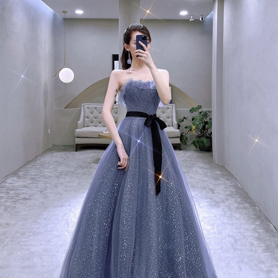 Blue tulle long a line prom dress blue evening dress - Thumbnail 1