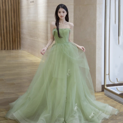 Green tulle lace long prom dress a line evening dress - Thumbnail 1