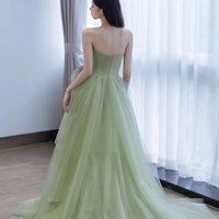 Green tulle lace long prom dress A line evening dress - Thumbnail 2