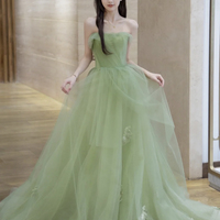 Green tulle lace long prom dress A line evening dress - Thumbnail 3