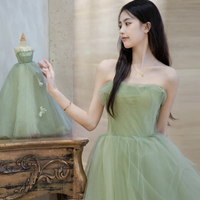 Green tulle lace long prom dress A line evening dress - Thumbnail 1