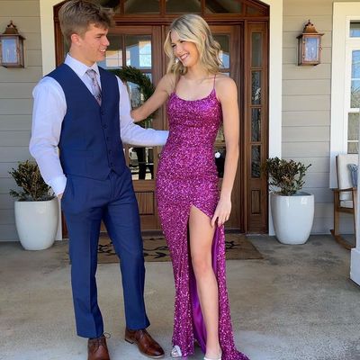 Charming mermaid scoop neck sequins long prom dresses with side slit - Thumbnail 1
