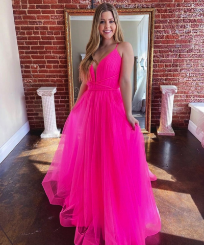 SP2090,Hot pink tulle long prom dress a-line formal dress