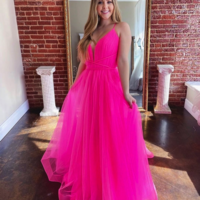 SP2090,Hot pink tulle long prom dress a-line formal dress - Thumbnail 1