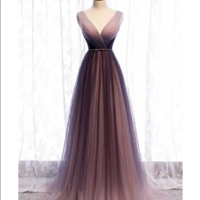 Deep V neck Pleated Purple Tulle Formal Prom Dress Flowing,846 - Thumbnail 1