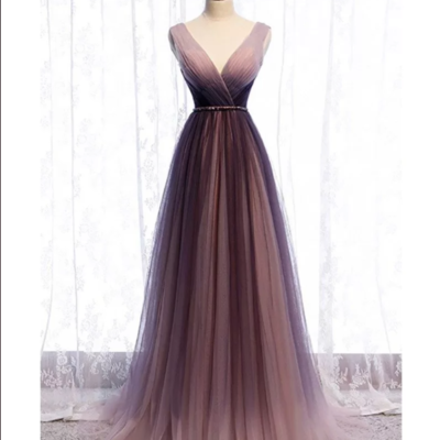 Deep v neck pleated purple tulle formal prom dress flowing,846 - Thumbnail 1