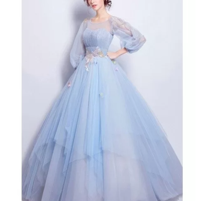 Cinderella blue ball gown prom dress with puff sleeves for quinceanera,848 - Thumbnail 1