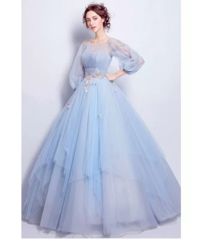 Cinderella Blue Ball Gown Prom Dress With Puff Sleeves For Quinceanera,848