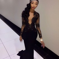 Deep V Neck Black Mermaid Prom Dresses with Appliques,853 - Thumbnail 1