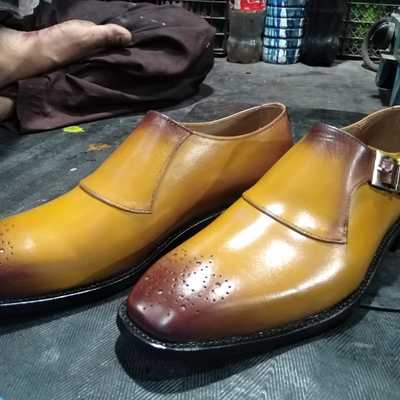 Western style two tone single monk strap shoes, hand stitch brogue genuine leather occasional shoes  - Thumbnail 3