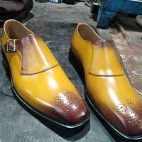 Western Style Two Tone Single Monk Strap Shoes, Hand Stitch Brogue Genuine Leather Occasional Shoes  - Thumbnail 1
