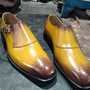 Western Style Two Tone Single Monk Strap Shoes, Hand Stitch Brogue Genuine Leather Occasional Shoes -1