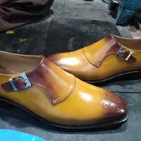 Western Style Two Tone Single Monk Strap Shoes, Hand Stitch Brogue Genuine Leather Occasional Shoes  - Thumbnail 2