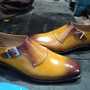 Western Style Two Tone Single Monk Strap Shoes, Hand Stitch Brogue Genuine Leather Occasional Shoes -2